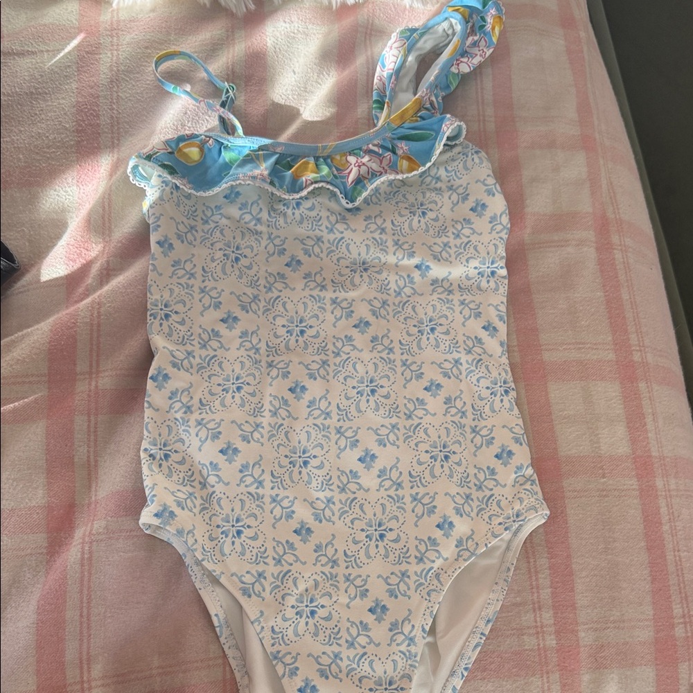 Roller Rabbit Kids One-Piece Swimsuit in White and Blue with Floral Trim